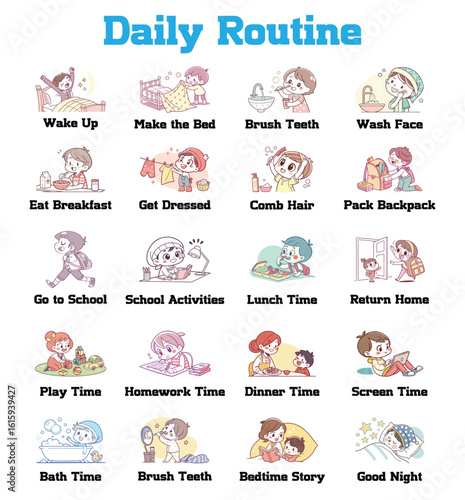 Childrens daily routine activities illustrated in a grid