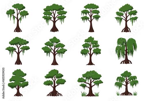 Twelve cartoonish trees of varying shapes and sizes with green foliage and brown trunks are arranged in a grid against a white background