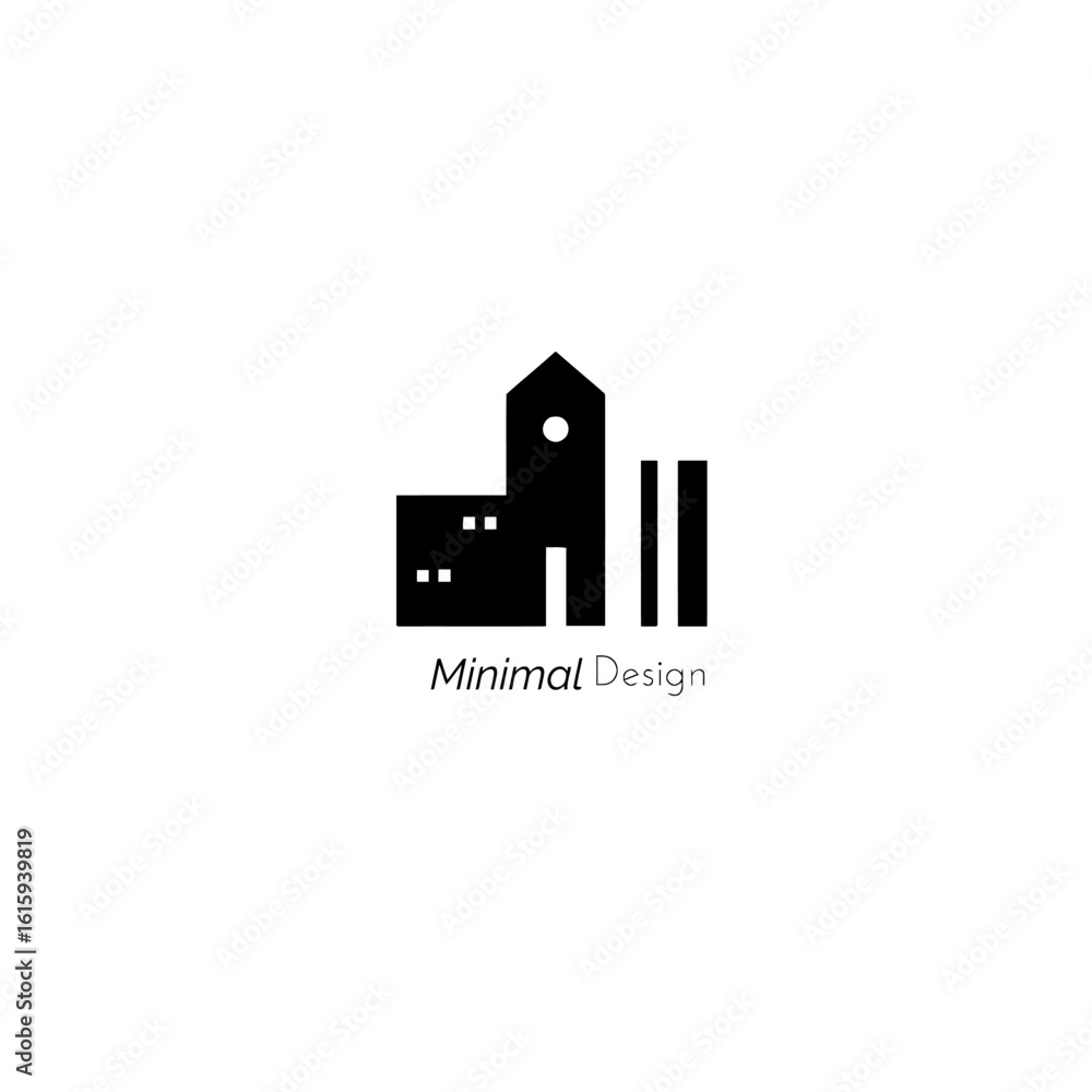 Fototapeta premium A minimalist, stylized black silhouette of a building with a tower, windows, and adjacent structures, set against a plain white background.