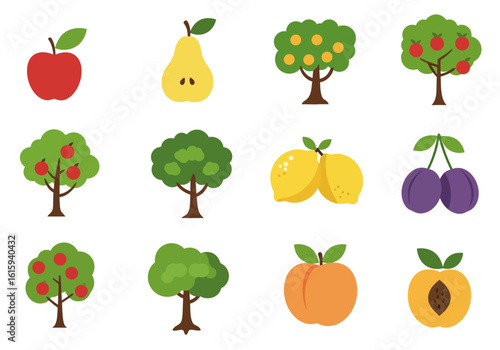Twelve fruit  tree icons apple pear lemon plum peach  trees with apples or oranges