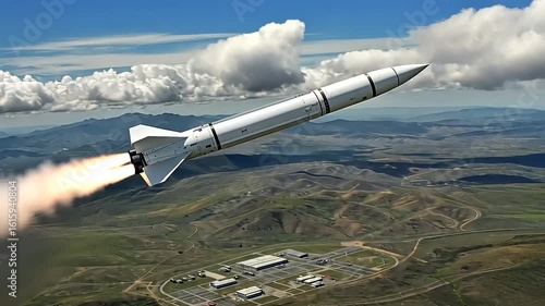 A missile launches into the sky from a testing facility surrounded by mountains and clouds