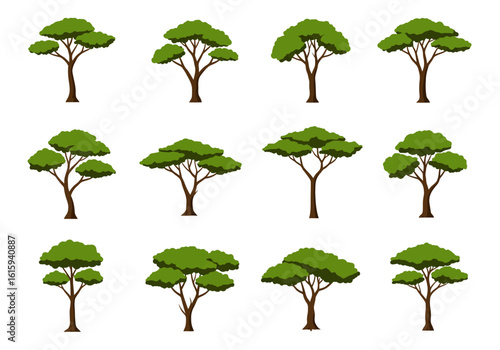 Twelve stylized cartoonlike trees with green leaves evenly spaced on a white background