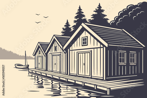 Quintessential wooden boathouse row on a glassy lake in Norway at dawn, modern flat illustration style