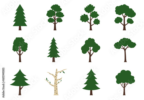 Twelve stylized trees are arranged in a grid on a white background