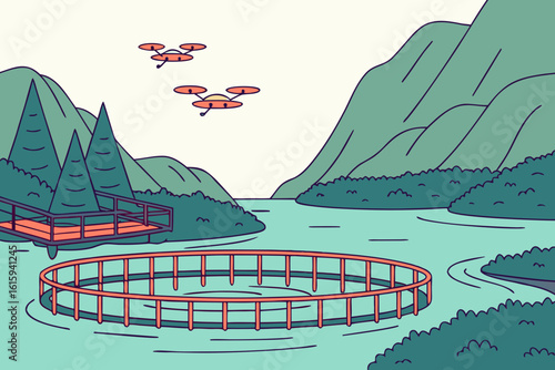 Salmon aquaculture pens along a sheltered fjord in Norway with monitoring drones, modern flat illustration style