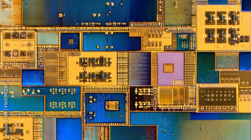 Ultra-Detailed Full Frame Wafer Chip Bumping Micrograph Illustrating Intricate Semiconductor Patterns and Advanced Technological Artistry