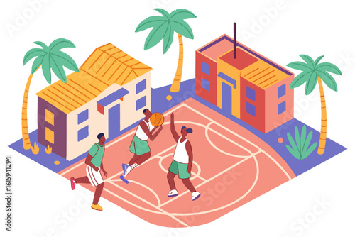 Streetball league finals in the Philippines on a colorful community court, modern flat illustration style