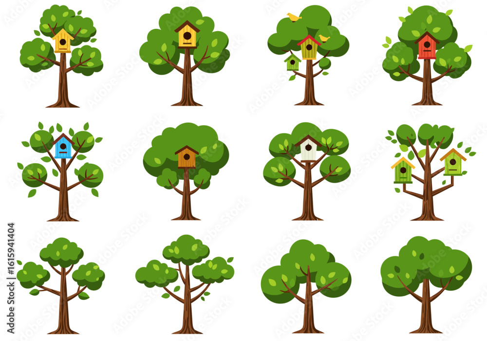 Fototapeta premium Twelve stylized trees display birdhouses in a playful cartoonish manner