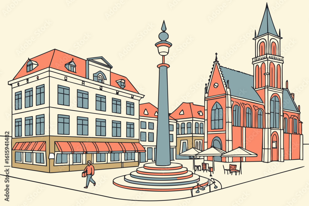 Obraz premium Understand the architecture of Dutch town squares in the Netherlands with cafes, fountains, and historic buildings in modern flat illustration style.
