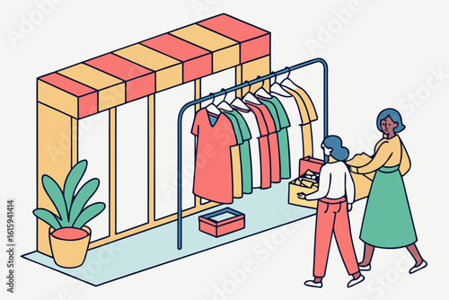 Ukayukay thrift hunt in the Philippines with racks of vintage clothes and happy finds, modern flat illustration style