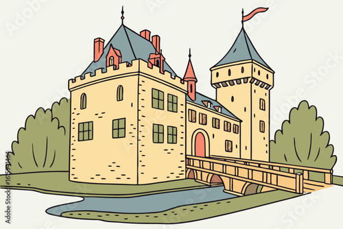 Understand the rich history of the Netherlands through a medieval castle scene with flags and moats in modern flat illustration style.