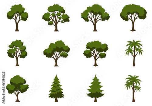 Twelve stylized trees in four rows on a white background