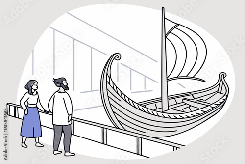 Viking ship museum hall in Norway with intricate carvings and visitors in awe, modern flat illustration style