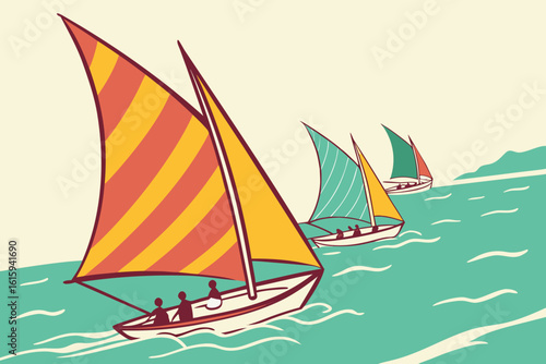 Vinta regatta in the Philippines with multicolored sails racing across turquoise seas, modern flat illustration style