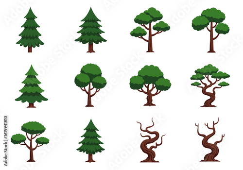 Twelve stylized trees varying in type from pines to broadleaf deciduous and bare branched are arranged on a white background