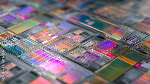 High-Resolution Detailed Wafer Chip Bumping Micrograph with Scientific Precision and Futuristic Full Frame Background