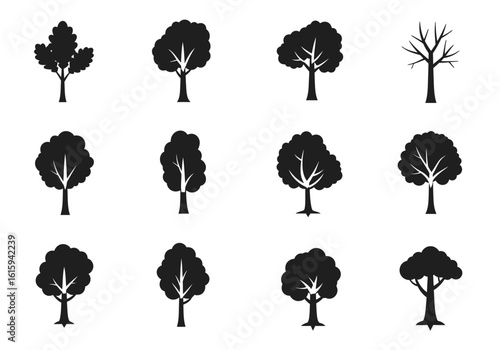 Twelve tree silhouettes are neatly arrayed on a plain white background