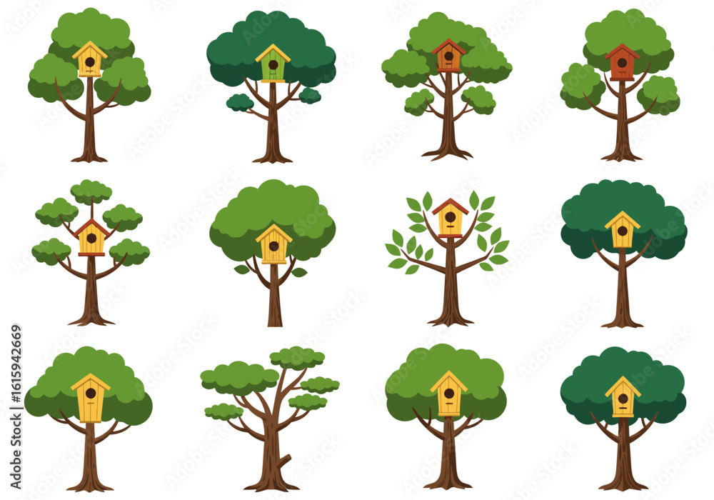 Fototapeta premium Twelve trees each bearing a distinct birdhouse are arranged in a grid on a white background