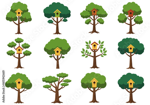 Twelve trees each bearing a distinct birdhouse are arranged in a grid on a white background
