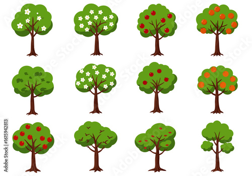 Twelve trees in varying stages of growth or fruiting arranged in a grid pattern