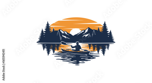 Kayaking Adventure: Paddler in Mountain Lake at Sunset