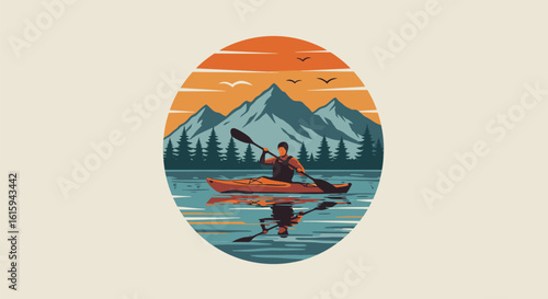 Kayaking Adventure: Paddler in Mountain Lake at Sunset