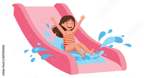 Fun Water Slide: Happy Girl Sliding Down in a Water Park