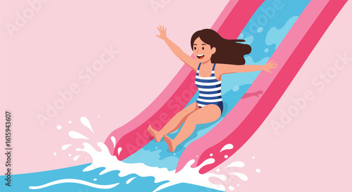 Fun Water Slide: Happy Girl Sliding Down in a Water Park