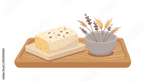 A bar of handmade soap on a wooden tray with dried lavender in a bowl, isolated on white background