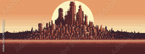Pixel art of dead megacity ruins at sunset. Futuristic dystopian skyline with decayed buildings and atmospheric glow.