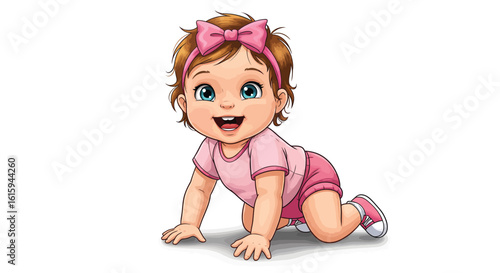 Happy Crawling Baby: Cute Toddler with Pink Outfit and Bow