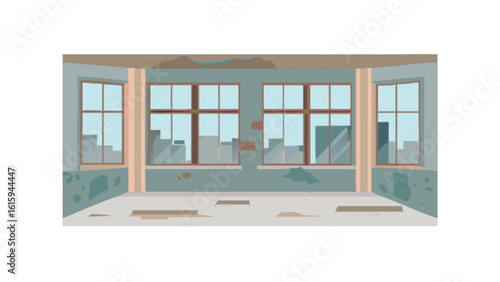 An abandoned building with broken windows and decayed walls stands as a testament to urban decay