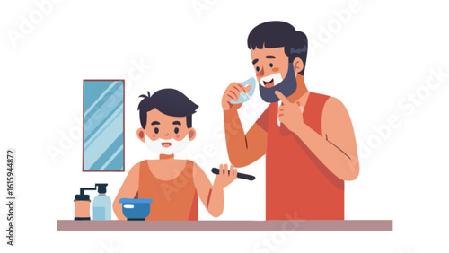 A father and son share a bonding moment while shaving together in the bathroom, illustrating a heartwarming family routine and the passing down of grooming traditions