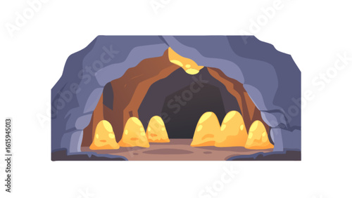 A cartoon illustration of a dark cave with rock formations and a mysterious atmosphere, perfect for adventure and exploration themes