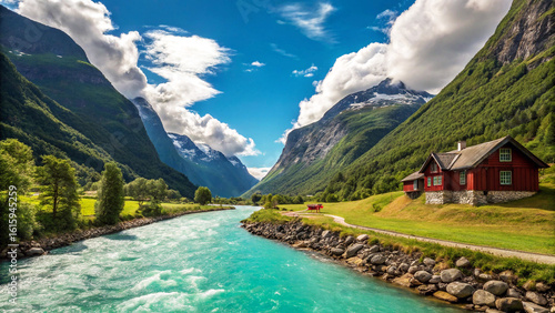 Fototapeta Naklejka Na Ścianę i Meble -  Vibrant turquoise river flows past red cabin in mountain valley