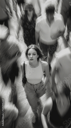 Lonely and Little Scared Woman Standing Still in a Crowd – Black and White Motion Blur Concept of Isolation