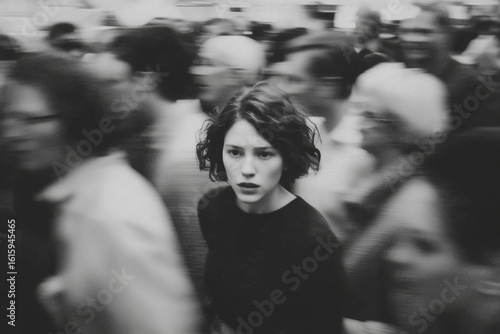 Lonely and Little Scared Woman Standing Still in a Crowd – Black and White Motion Blur Concept of Isolation