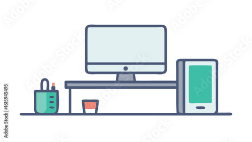 A modern desk with a computer, mobile phone, and other office supplies is depicted in a flat vector illustration
