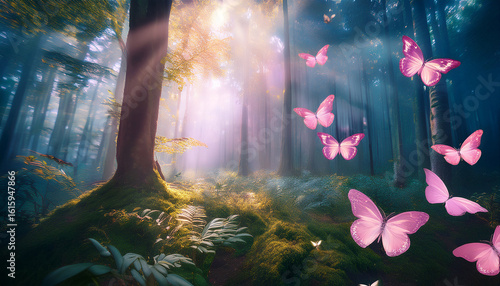 enchanted forest with glowing pink butterflies under soft ethereal light