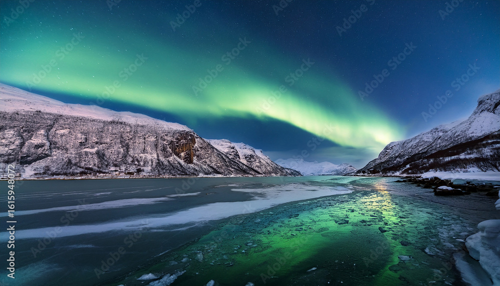 Naklejka premium northern lights over frozen fjord