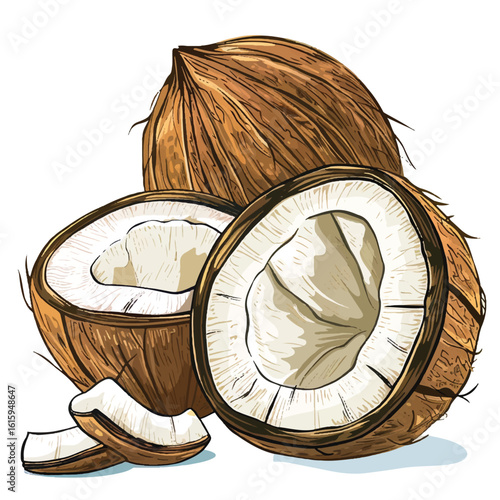 Detailed Illustration of Whole and Halved Coconuts with Pieces