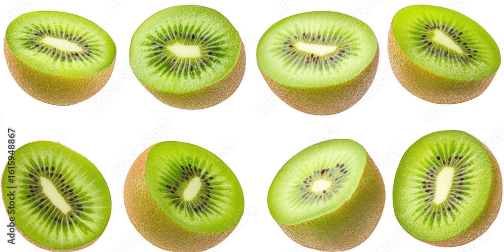 Fototapeta premium Halved kiwis arranged in pattern on transparent png background