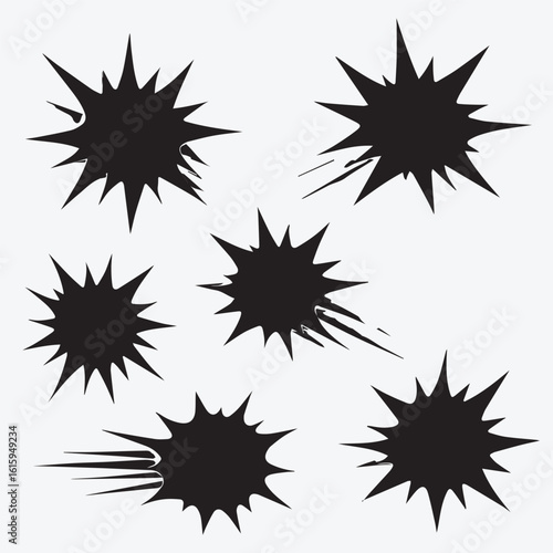 Black comic burst icon set – bold cartoon explosions, dynamic star shapes, action impact symbols for pop art, graphic novels, and comic book designs.