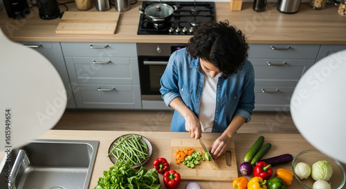 kitchen helper chopping vegetables, overhead view, no face shown