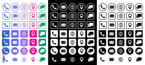 Set of contact icons. Phone, mail, location pin, support chat, and website. Set of round and square icons. Multicolored, black, and white