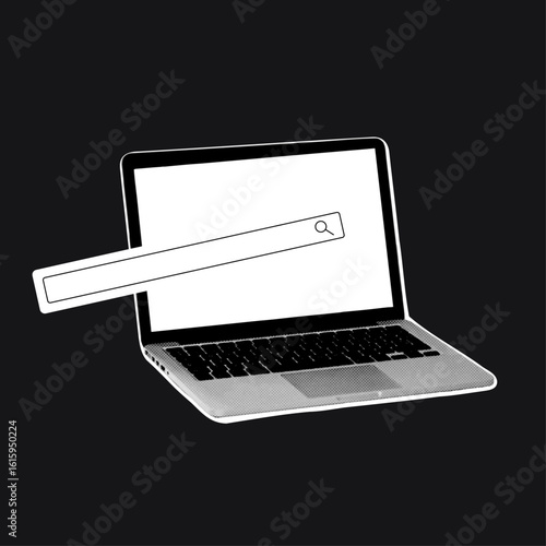 Laptop with search bar overlay web browsing concept