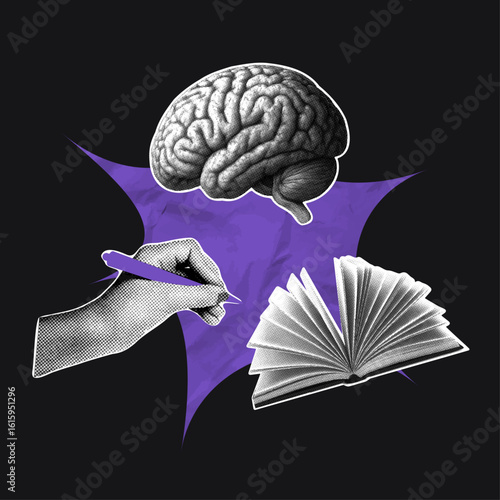 Mind, creativity and learning collage in retro halftone style