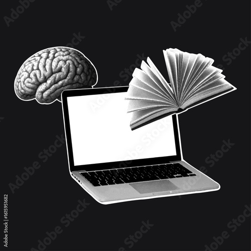 Digital knowledge and learning collage in retro halftone style