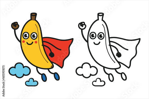 Cartoon superhero banana flying with red cape and clouds coloring page outline silhouette isolated on white background