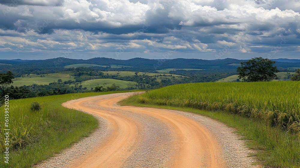 Naklejka premium A winding dirt road through a green hilly landscape under a cloudy sky.